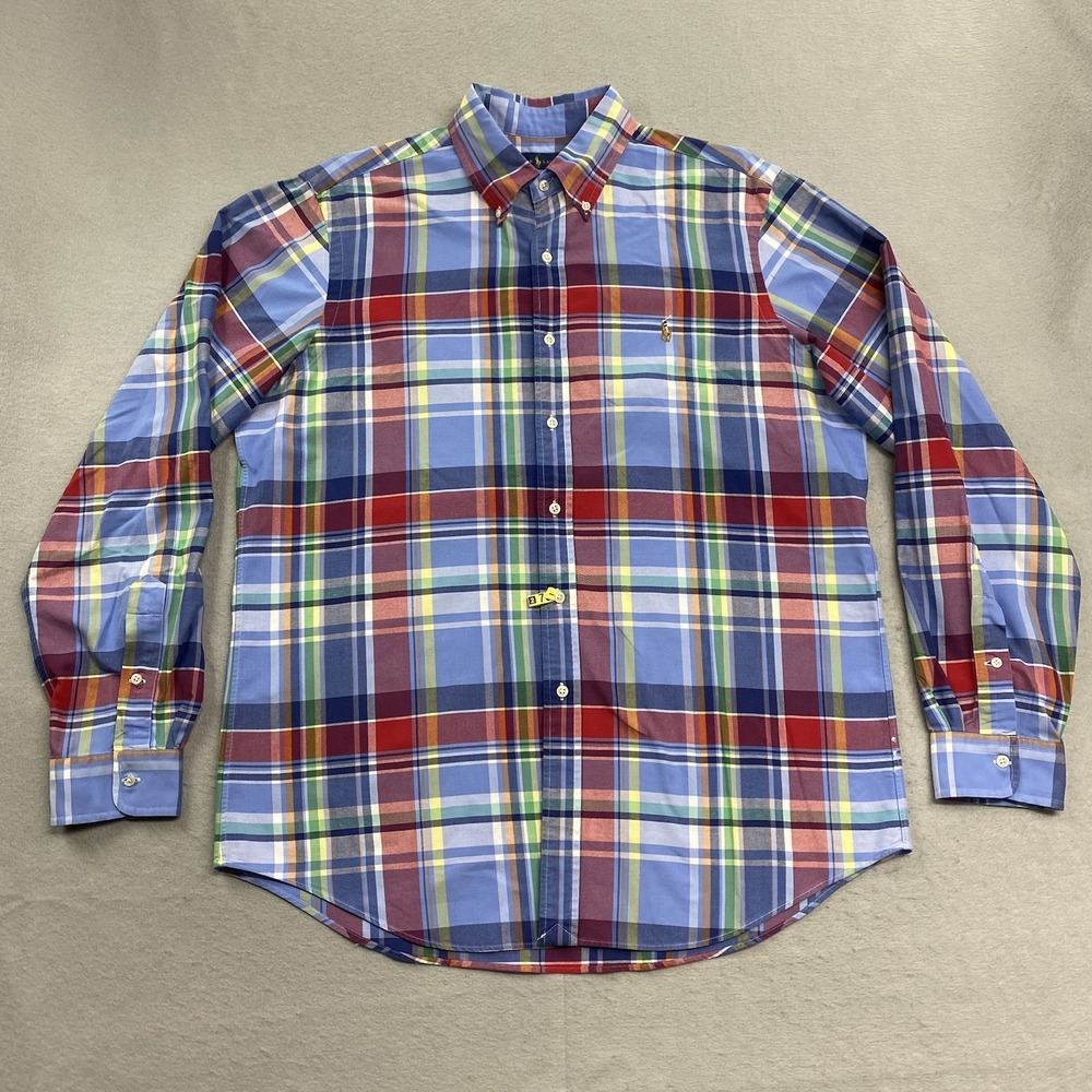 Ralph Lauren Shirt Mens Large Blue Button Down Plaid Oxford Long Sleeve Pony